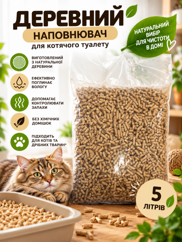 Деревний наповнювач для котячого туалету 5 л