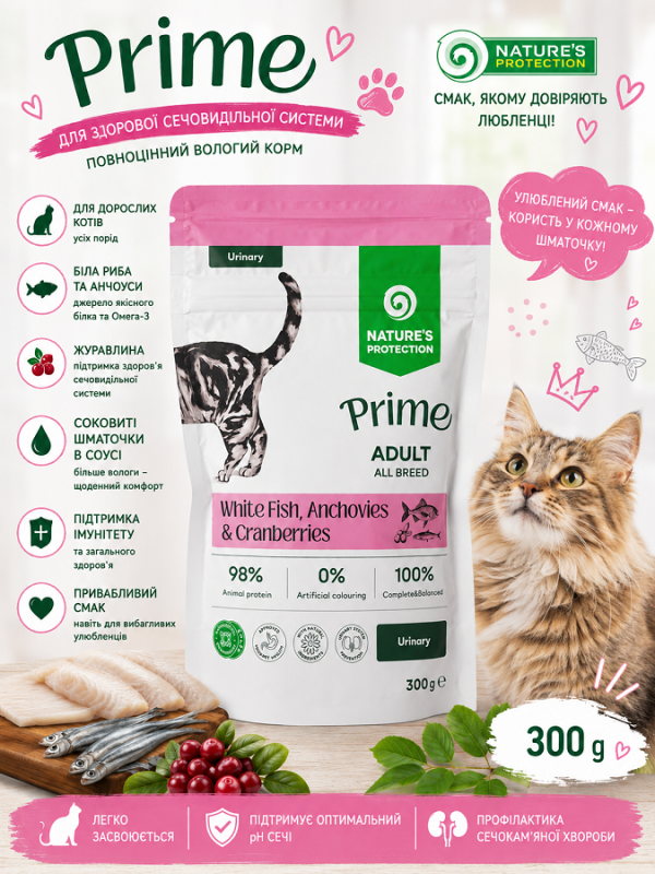 Nature's Protection Prime Urinary вологий корм для котів з білою рибою та анчоусами