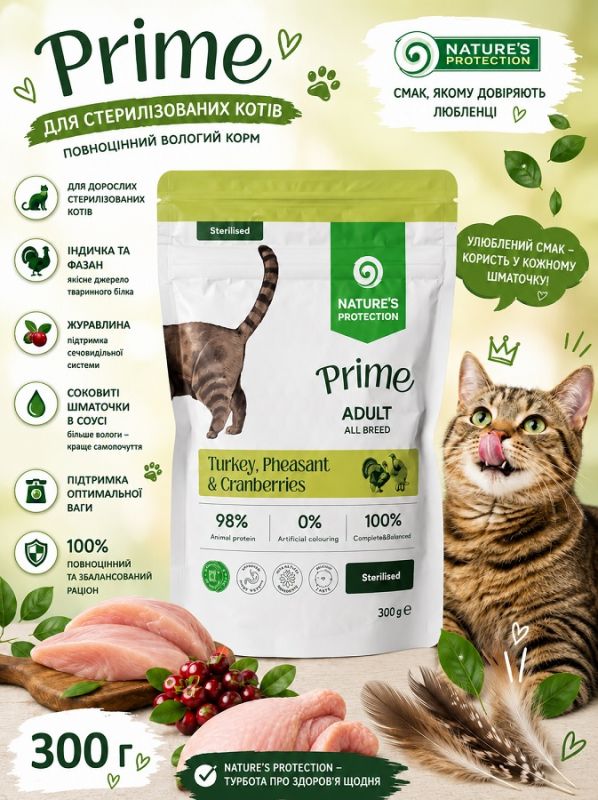 Вологий корм Nature's Protection Prime для стерилізованих котів з індичкою та фазаном