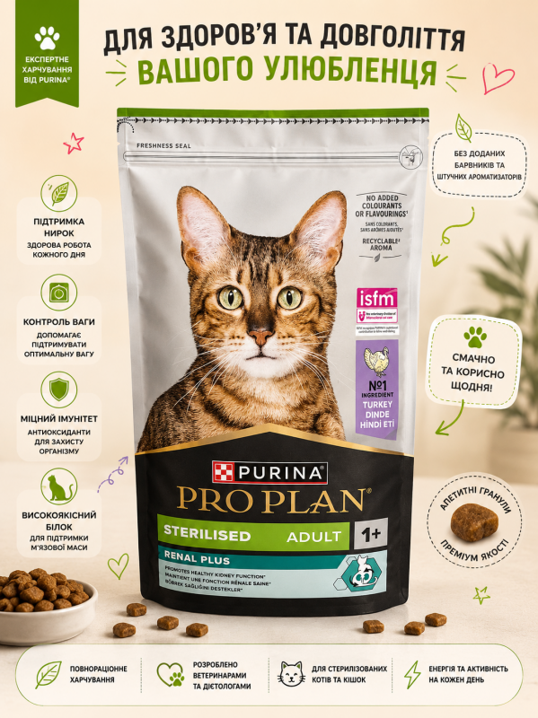 Корм Pro Plan для стерилізованих котів з індичкою Renal Plus