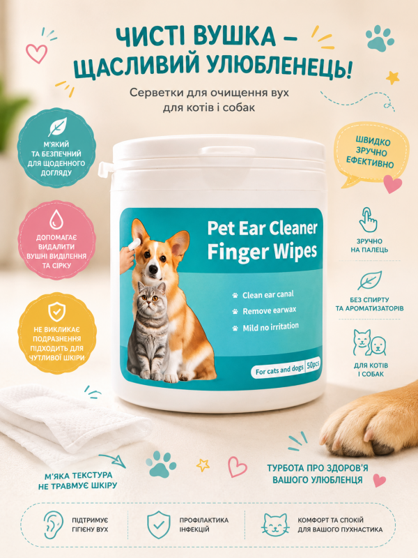 Gentle Paw серветки для чистки вух собак та котів з пропиткою 50 шт