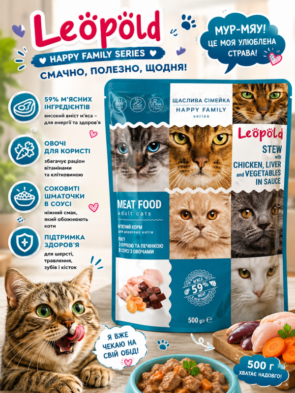 Вологий корм Leopold Happy Family курка та печінка